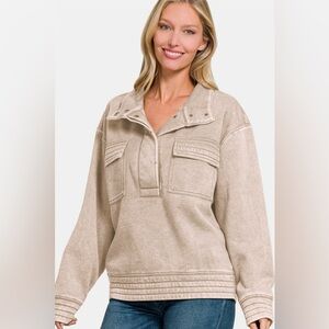 Zenana Acid Washed Half Snap Fleece Sweatshirt - Ash Mocha